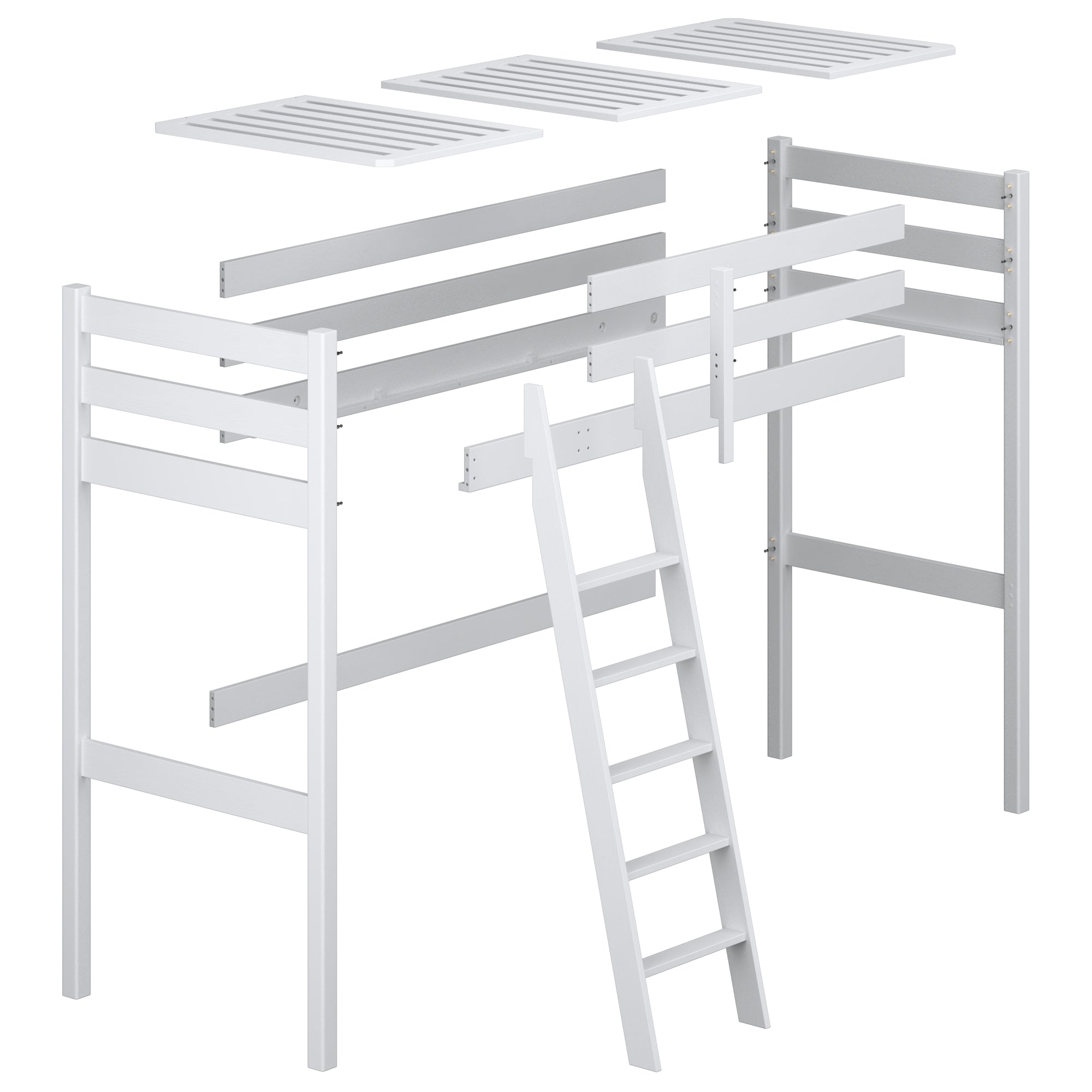 Loft bed grey – wooden posts and joints, close-up on quality