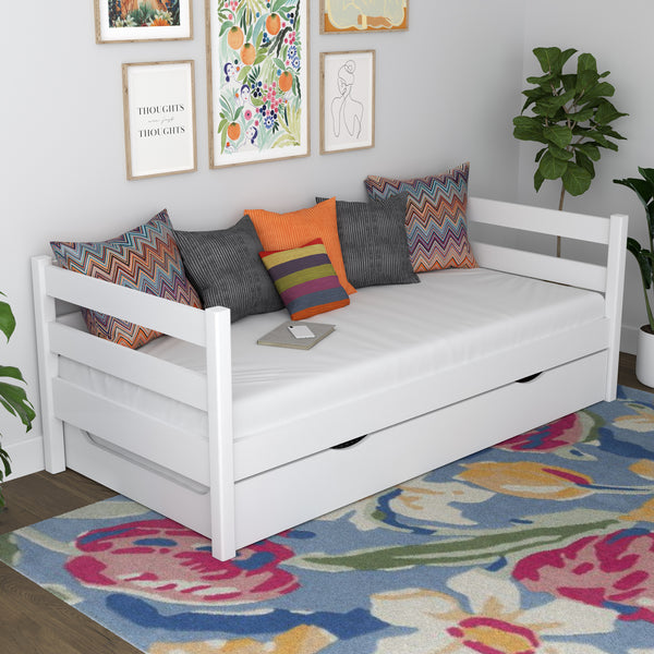 Łóżko sofa biały z szufladą na materac – drewniane, Nizio Home