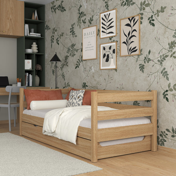 Sofa bed natural oak with mattress drawer – oak, Nizio Home