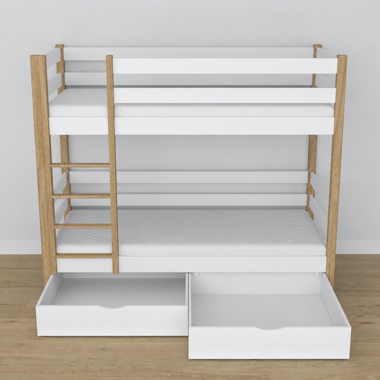 Łóżko piętrowe z szufladą N01 biało dębowy – dodatkowy widok, szuflada