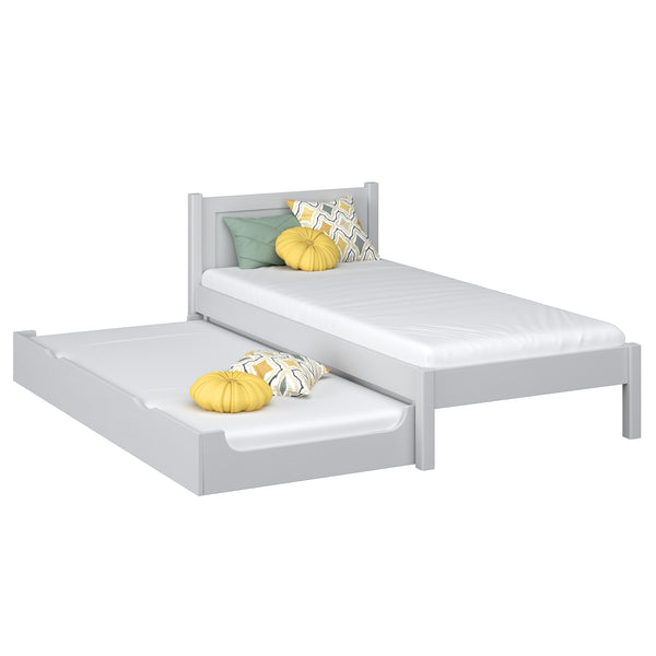 Łóżko pojedyncze z szufladą na materac N02 popielaty – widok ogólny, lite drewno sosnowe