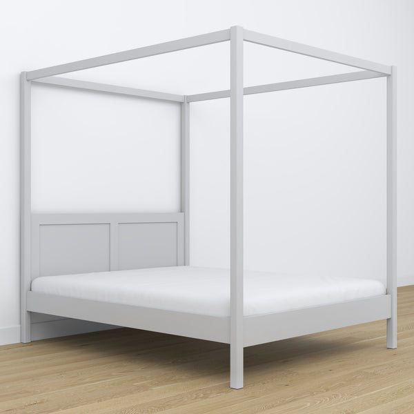 Double bed grey with canopy – decorative wooden frame, scandi