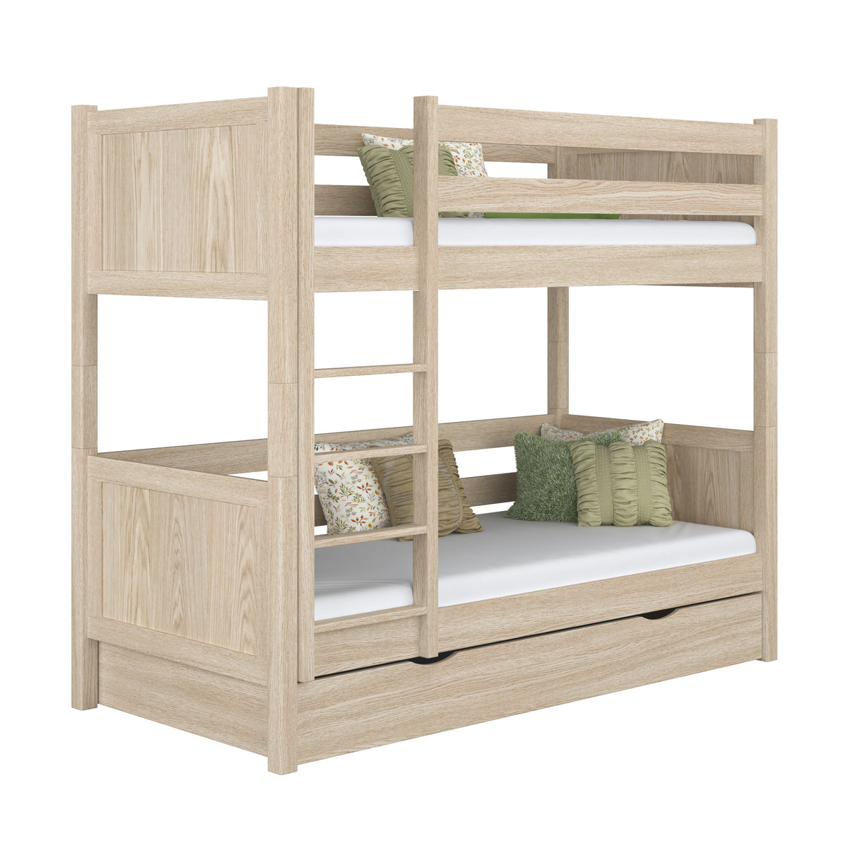 Dębowe łóżko piętrowe z szufladą N02 dąb bielony – widok ogólny, lite drewno dębowe