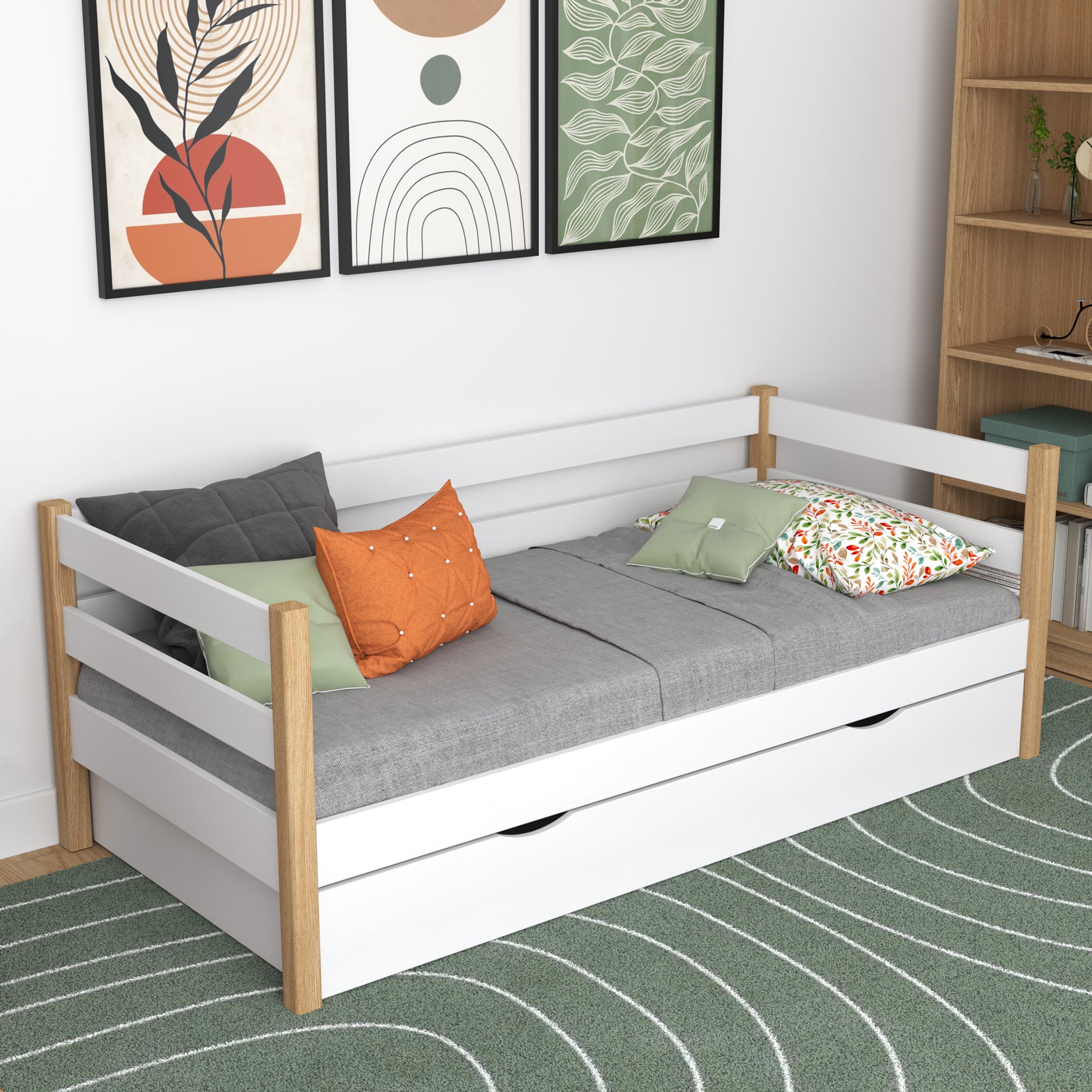 Łóżko sofa z szufladą N01 biało dębowy – dodatkowy widok, trwała jakość Nizio Home