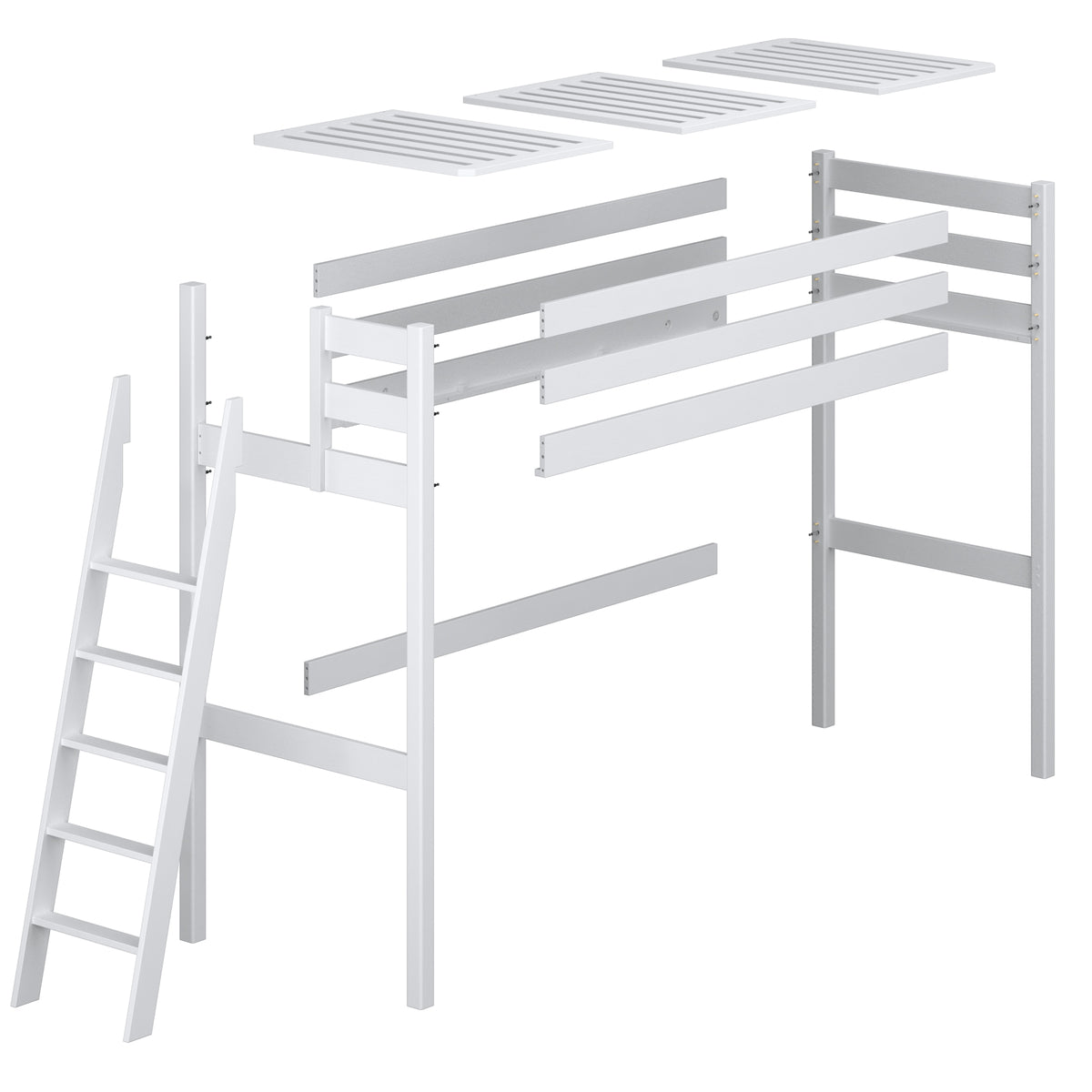 Loft bed white – wooden posts and joints, close-up on quality