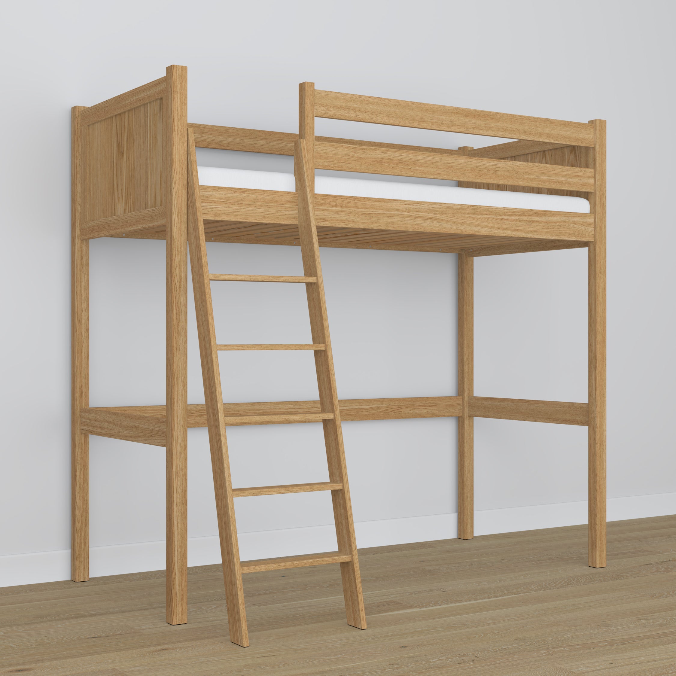 Łóżko na antresoli N04 dąb naturalny – widok przestrzeni pod podestem