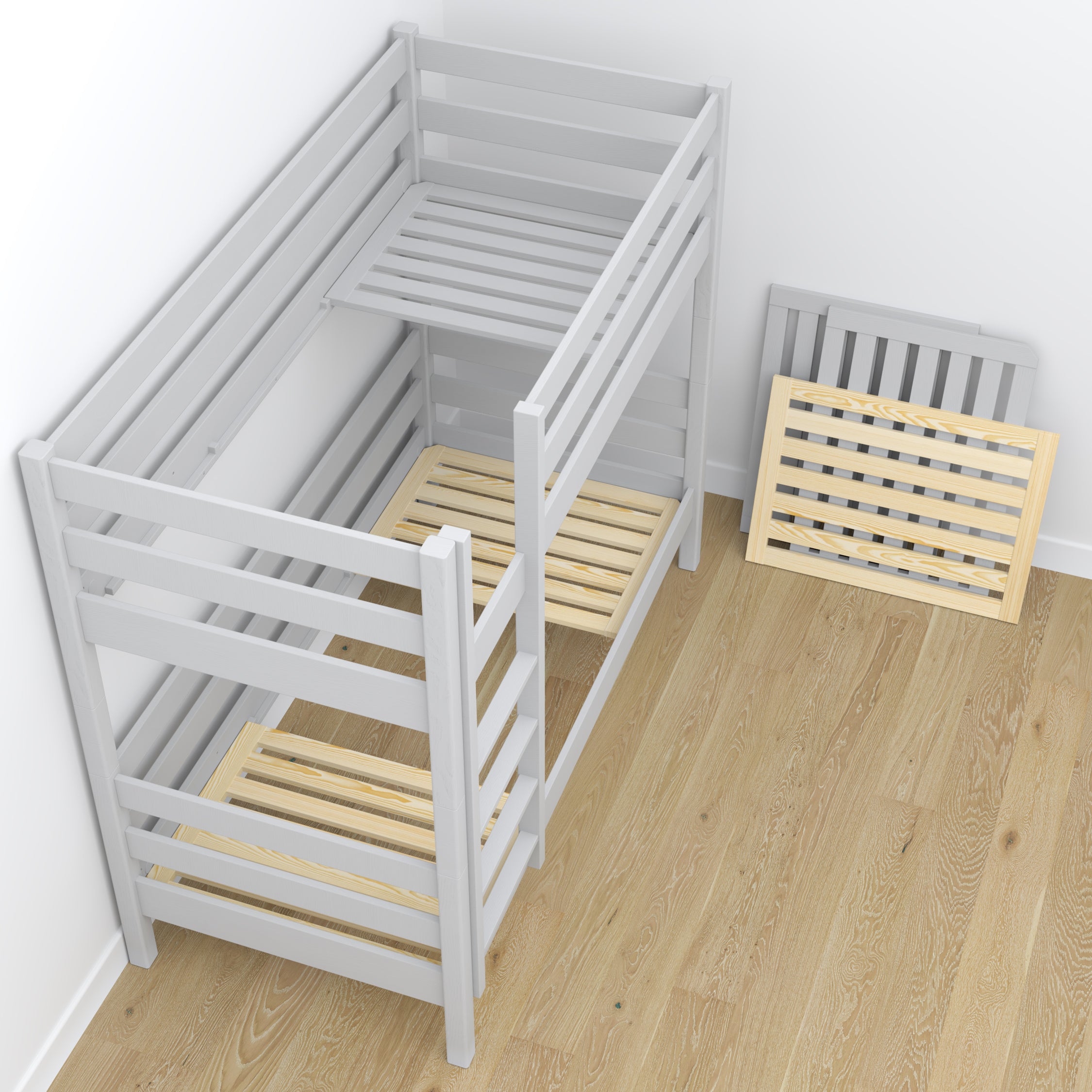 Grey Wooden Bunk Bed with Drawer – Scandinavian Design, Nizio