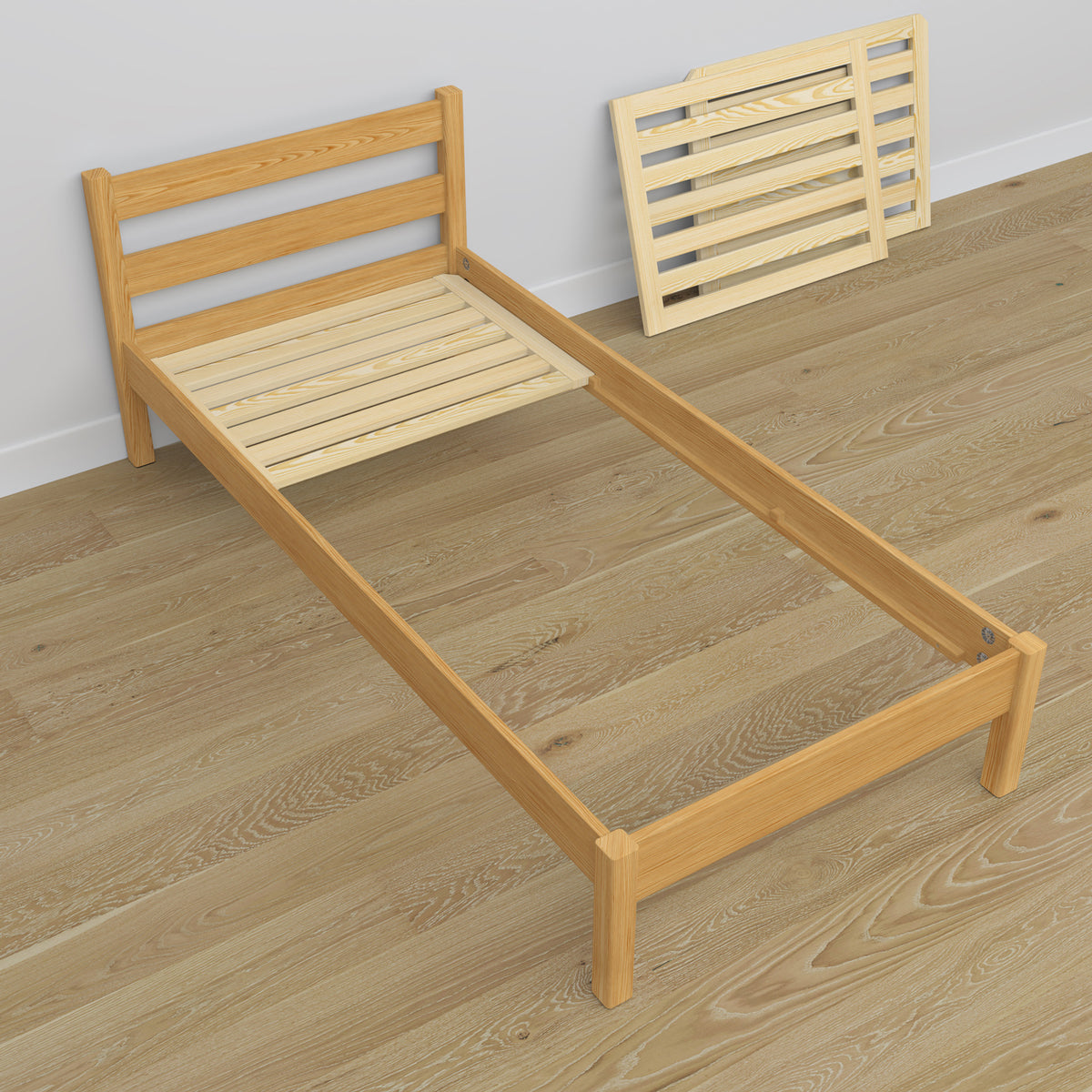 Single wooden bed natural pine – angled view, scandi children’s room
