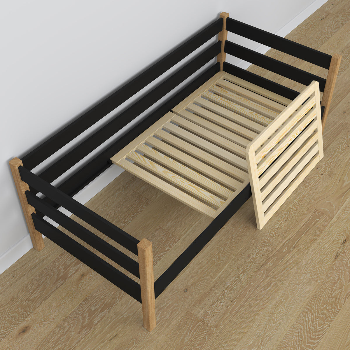 Sofa bed wooden black-oak – angled view, scandi
