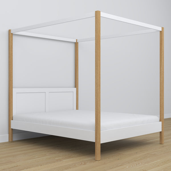 Double bed white and oak with canopy – decorative wooden frame, scandi
