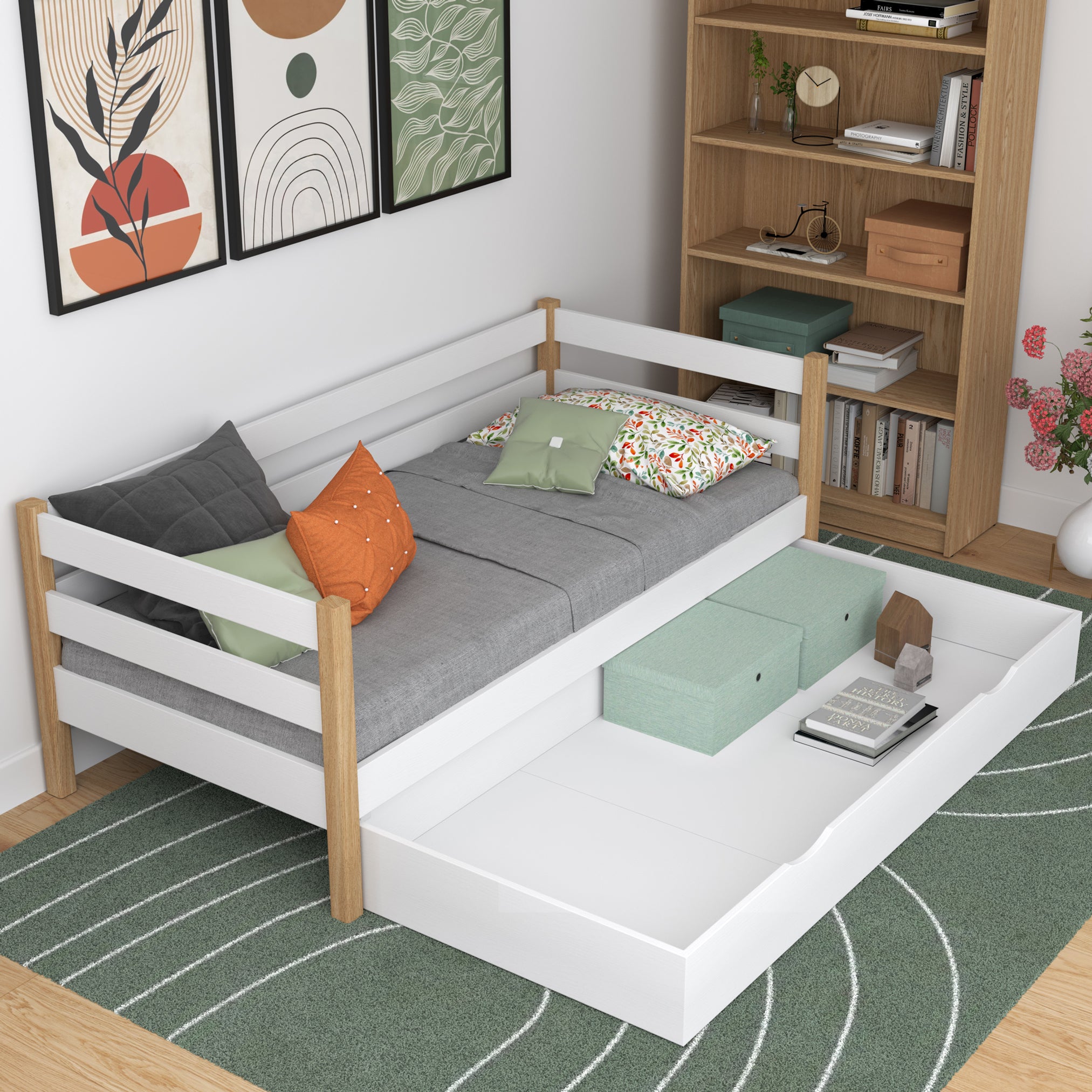 Łóżko sofa z szufladą N01 biało dębowy – widok z boku, solidna konstrukcja drewniana
