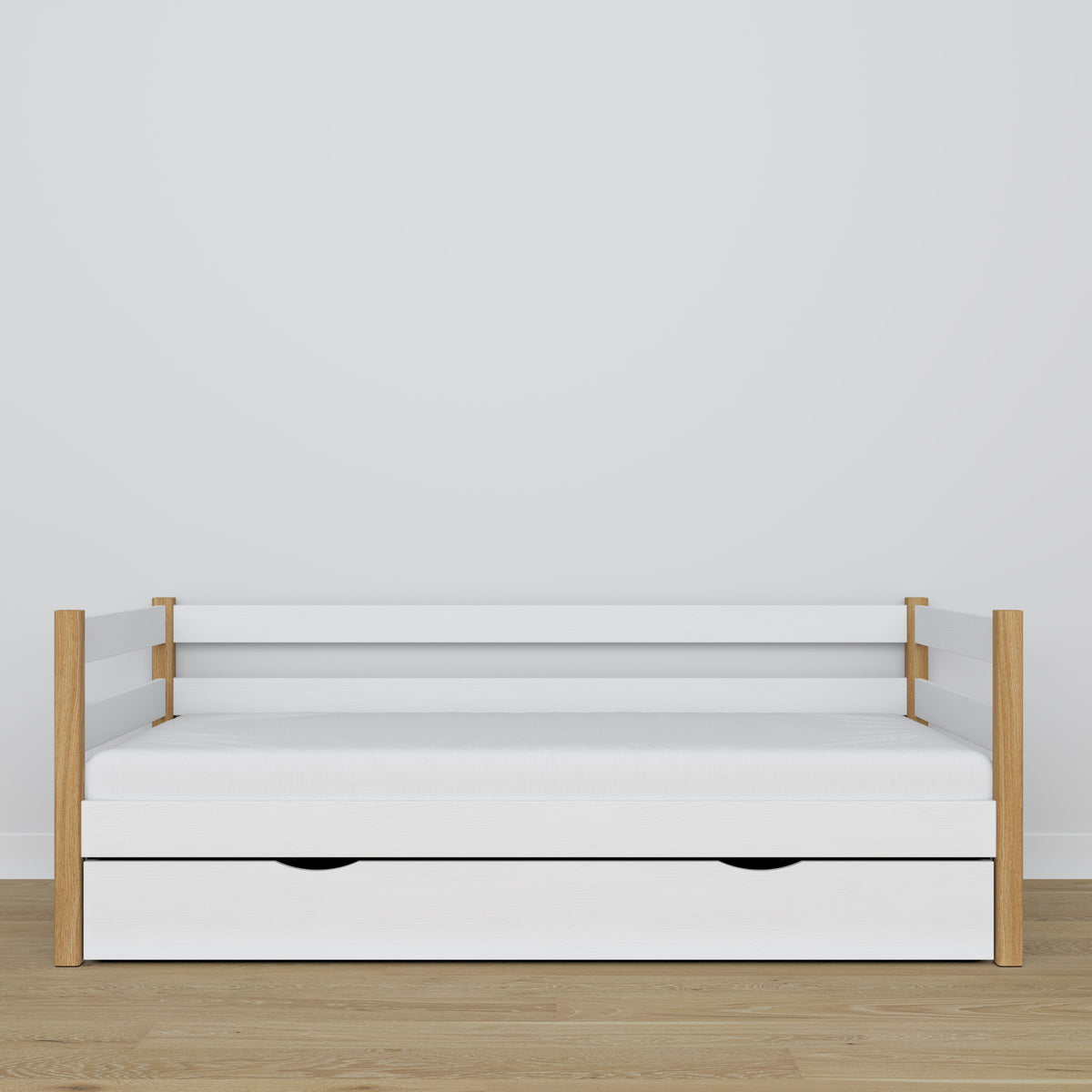 Łóżko sofa z szufladą N01 biało dębowy – dodatkowy widok, lite drewno