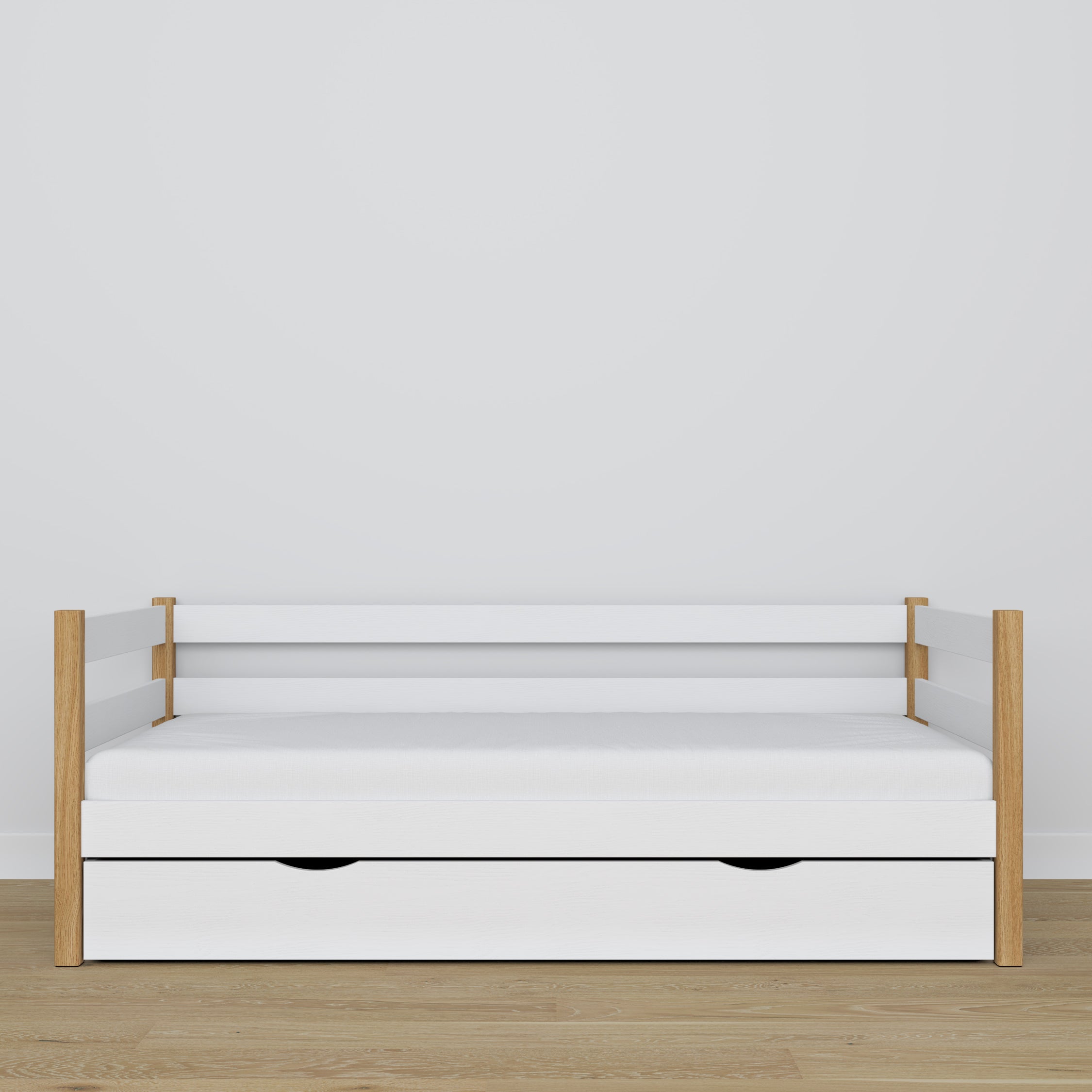 Łóżko sofa z szufladą N01 biało dębowy – dodatkowy widok, lite drewno